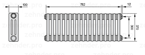 Схема (чертеж) Радиатор Zehnder Charleston 3037/17 №7610 Белый глянцевый RAL 9016